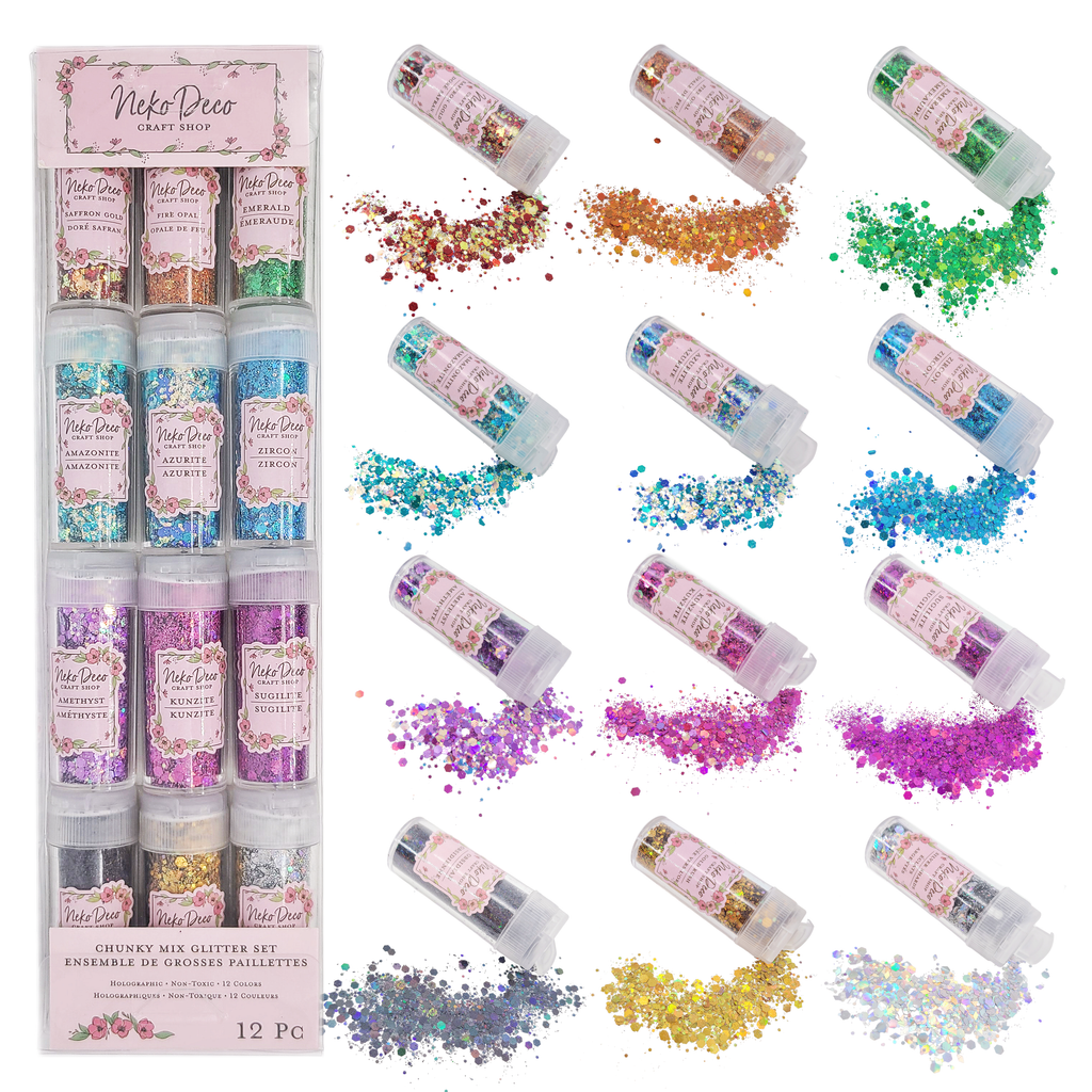 12 PC Holographic Chunky Mix Glitter Set – Neko Deco Craft Shop 12 PC Holographic Chunky Mix Glitter Set – Neko Deco Craft Shop